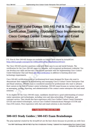 Free PDF Valid Dumps 500-445 Pdf & Top Cisco Certification Training - Updated Cisco Implementing Cisco Contact Center En