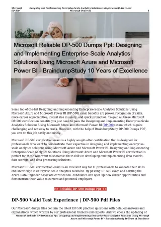 Microsoft Reliable DP-500 Dumps Ppt: Designing and Implementing Enterprise-Scale Analytics Solutions Using Microsoft Azu