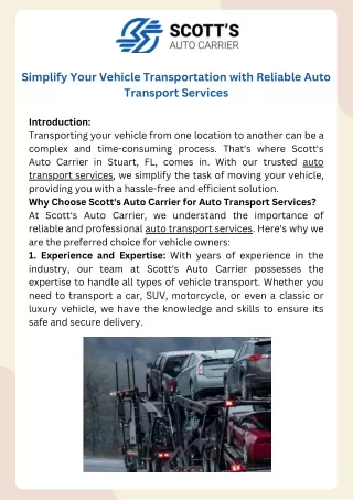 Simplify Your Vehicle Transportation with Reliable Auto Transport Services