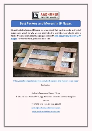Best Packers and Movers in JP Nagar.