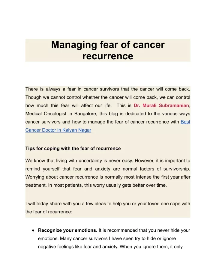 managing fear of cancer recurrence