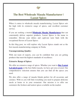 The Best Wholesale Masala Manufacturer | Lazzat Spices