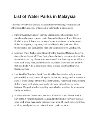 List of Water Parks in Malaysia