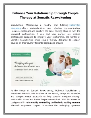 Enhance Your Relationship Through Couple Therapy at the Center of Somatic Reawakening