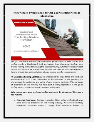 Experienced Professionals for All Your Roofing Needs in Manhattan