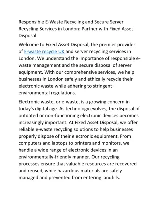 Responsible E-Waste Recycling and Secure Server Recycling Services in London-Partner with Fixed Asset Disposal