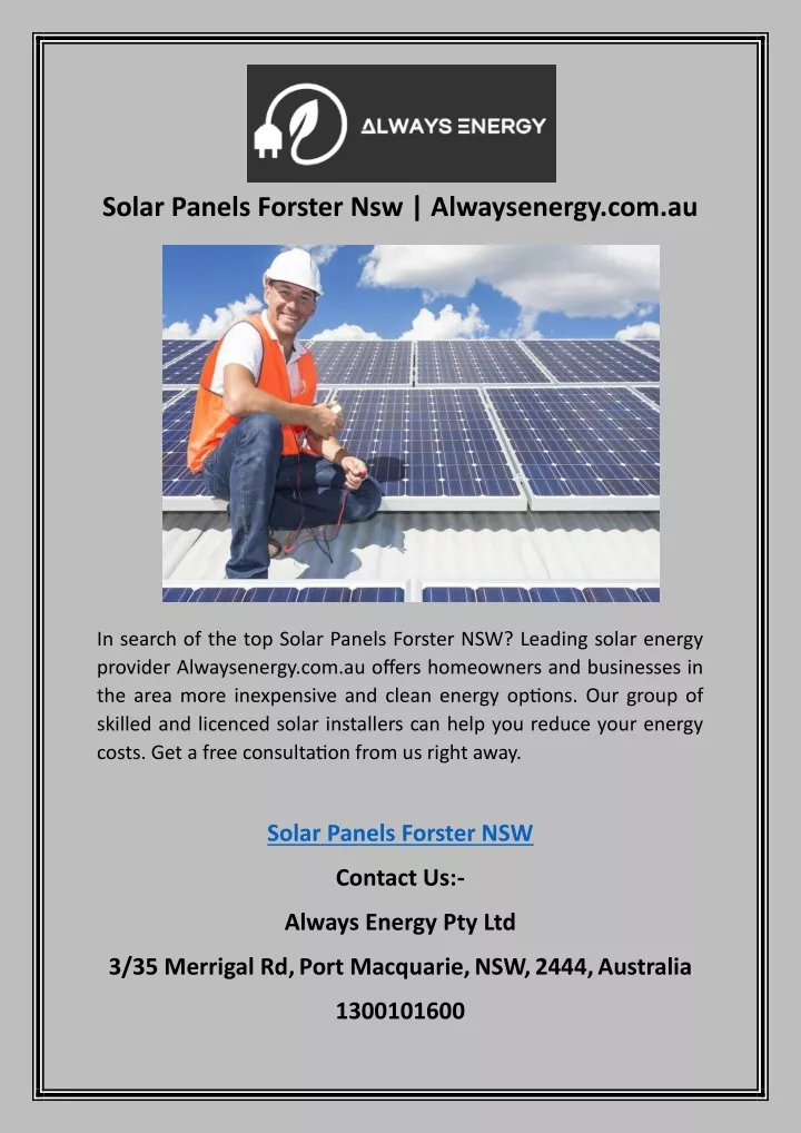 solar panels forster nsw alwaysenergy com au