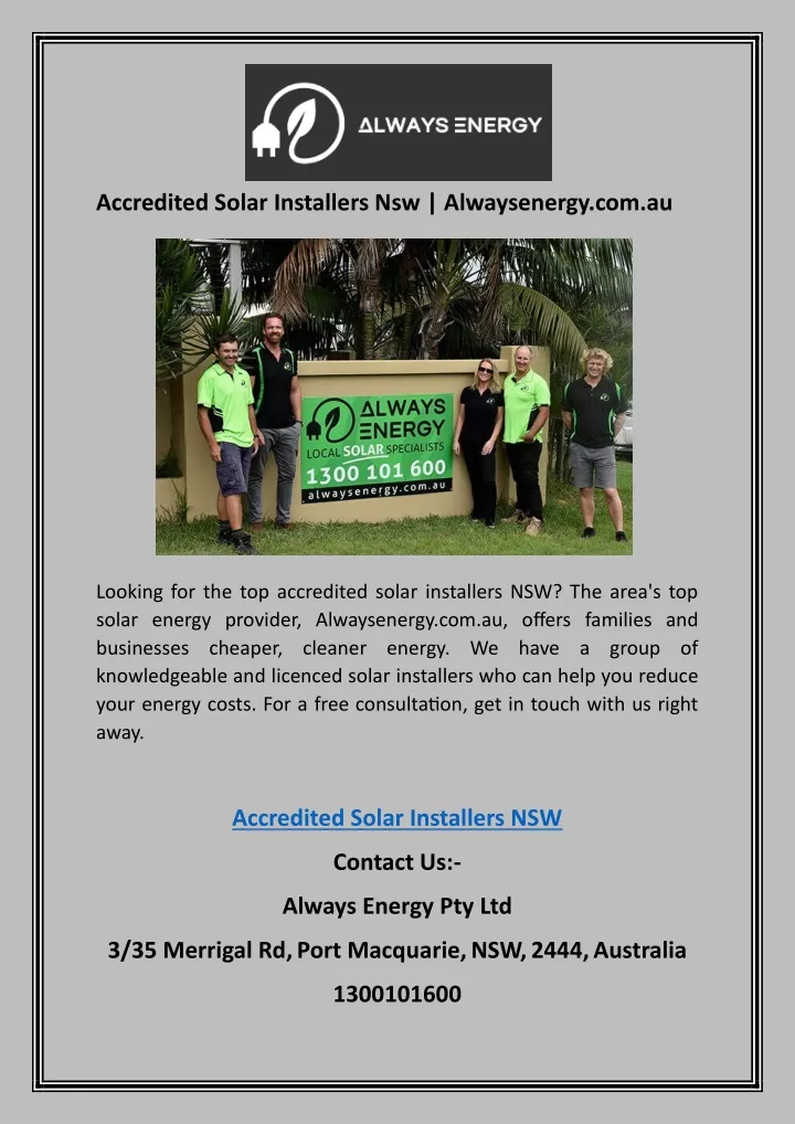 accredited solar installers nsw alwaysenergy
