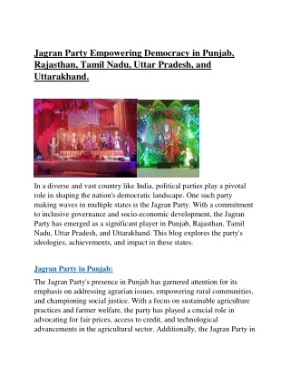Jagran Party Empowering Democracy in Punjab, Rajasthan, Tamil Nadu, Uttar Prade