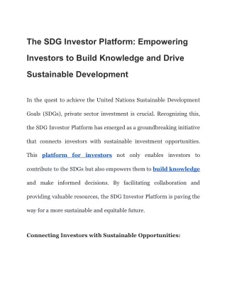 The SDG Investor Platform: Empowering Investors to Build Knowledge and Drive Sus