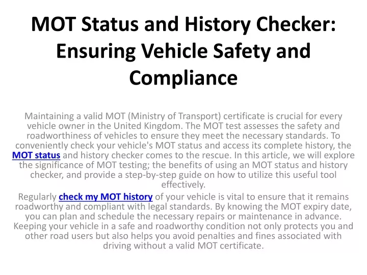 mot status and history checker ensuring vehicle safety and compliance