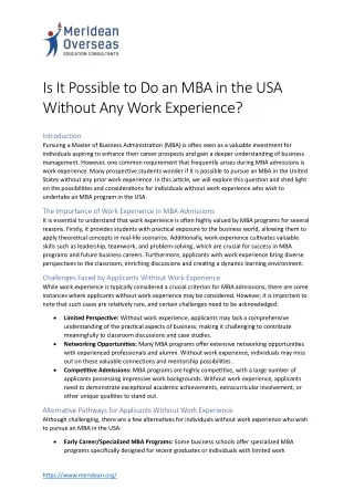 Is It Possible to Do an MBA in the USA Without Any Work Experience