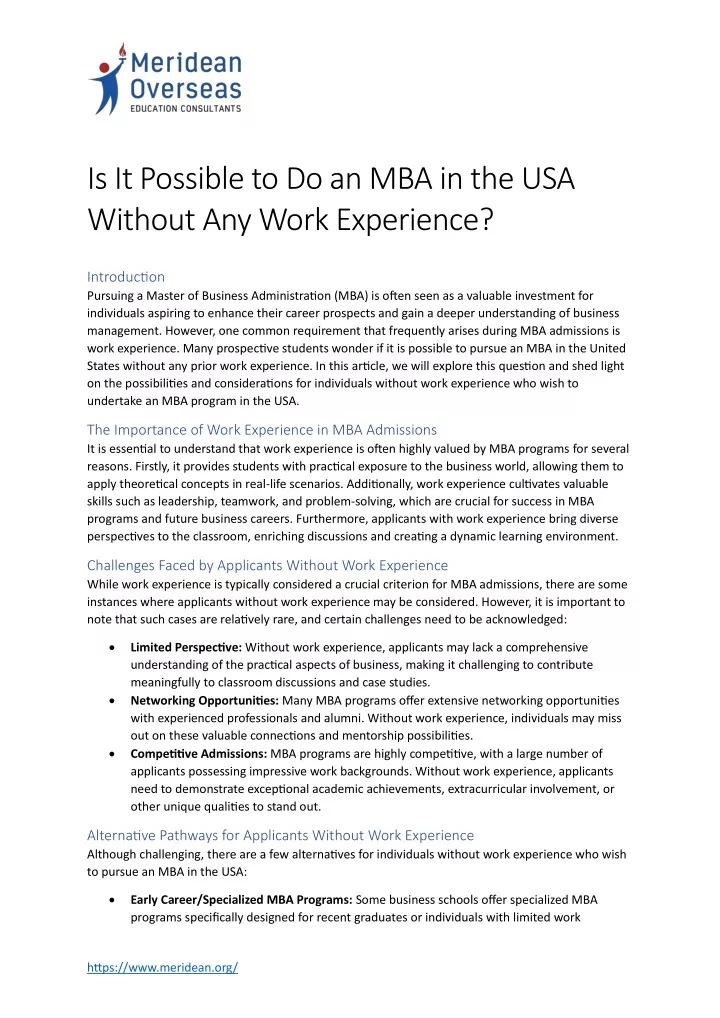 is it possible to do an mba in the usa without