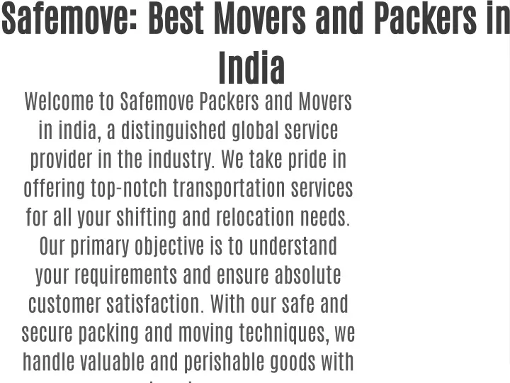 safemove best movers and packers in india welcome