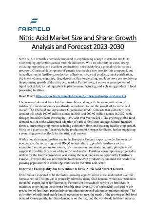 Nitric Acid Market Size and Share Growth Analysis and Forecast 2023-2030