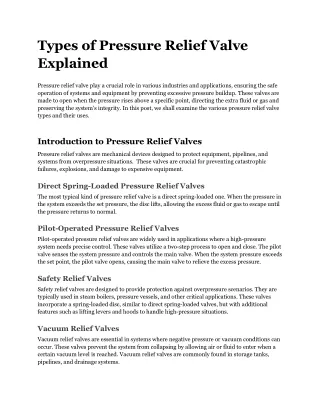 Types of Pressure Relief Valve Explained