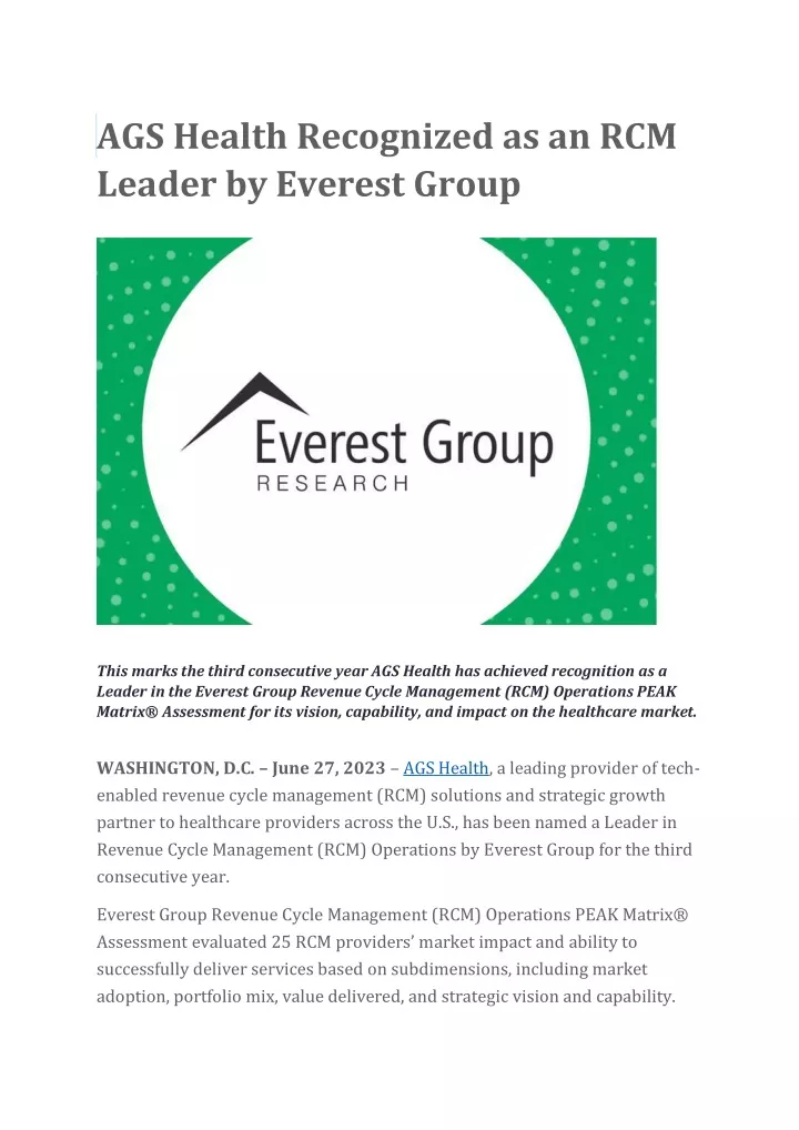 ags health recognized as an rcm leader by everest