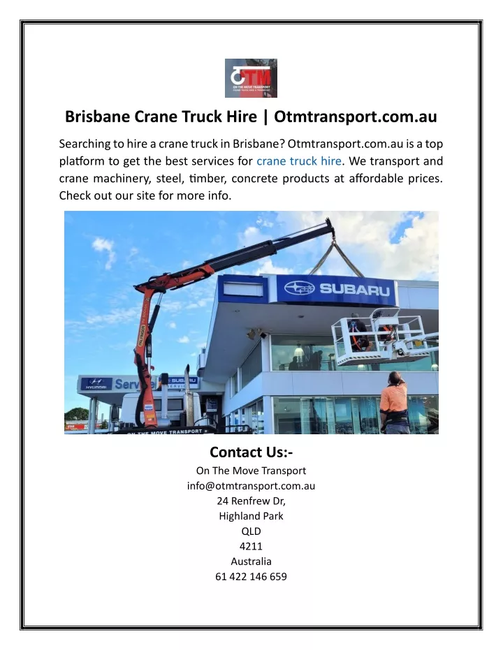 brisbane crane truck hire otmtransport com au