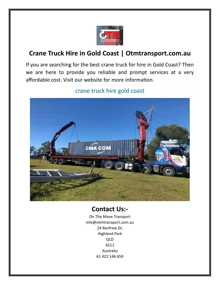 crane truck hire in gold coast otmtransport com au