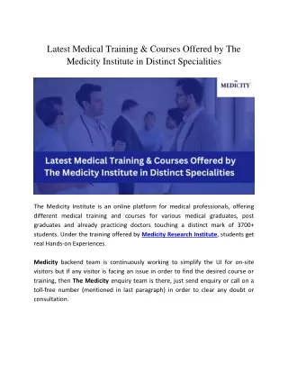 Latest Medical Training & Courses Offered by The Medicity Institute in Distinct Specialities