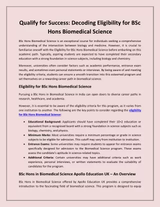 Qualify for Success: Decoding Eligibility for BSc Hons Biomedical Science