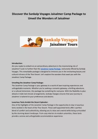 Discover the Sankalp Voyages Jaisalmer Camp Package to Unveil the Wonders of Jaisalmer