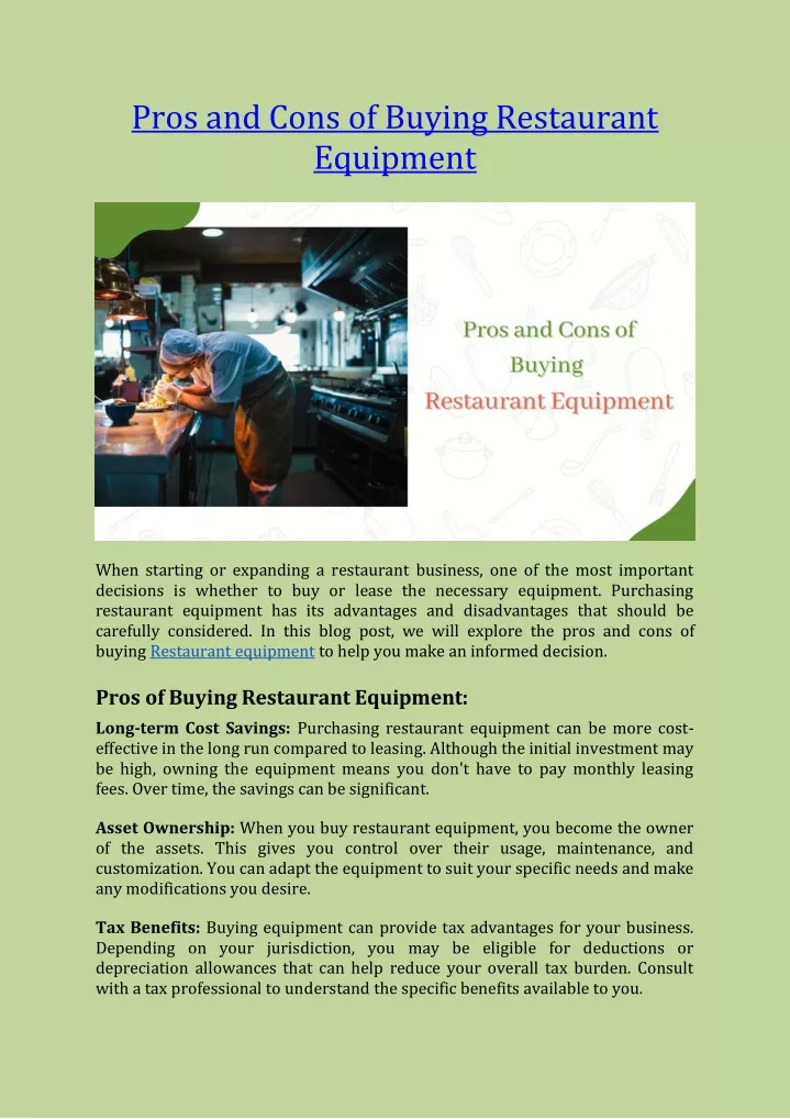 pros and cons of buying restaurant equipment
