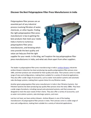 Discover the Best Polypropylene Filter Press Manufacturers in India (1)