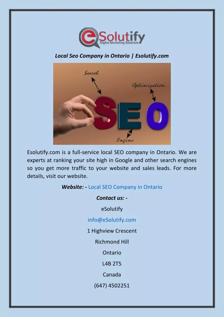 local seo company in ontario esolutify com