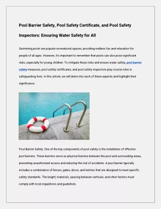 Pool Barrier Safety, Pool Safety Certificate, and Pool Safety Inspectors