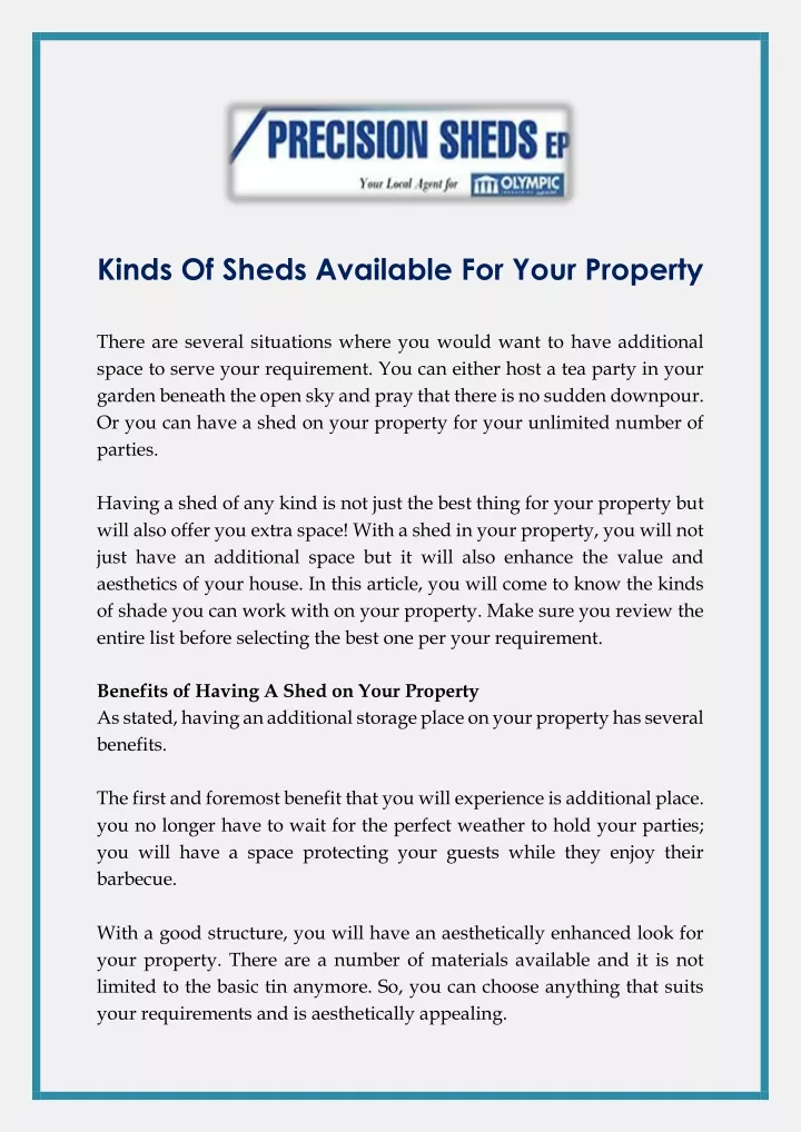 kinds of sheds available for your property there
