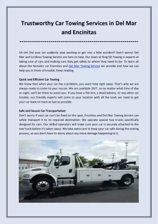 Trustworthy Car Towing Services in Del Mar and Encinitas