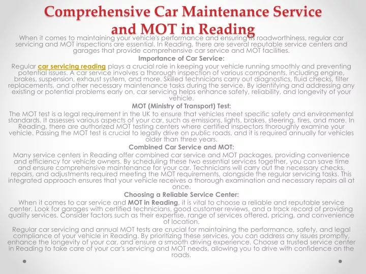 comprehensive car maintenance service and mot in reading