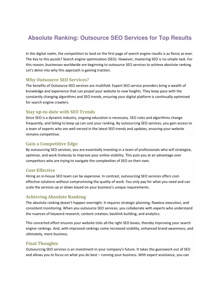 absolute ranking outsource seo services