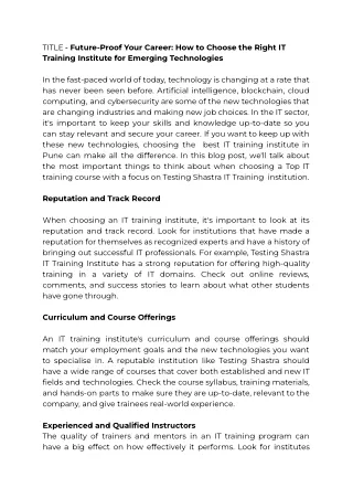 Testing Shastra Blog - Future-Proof Your Career_ How to Choose the Right IT Training Institute for Emerging Technologies