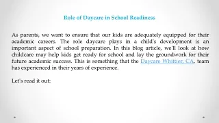 Role of Daycare in School Readiness