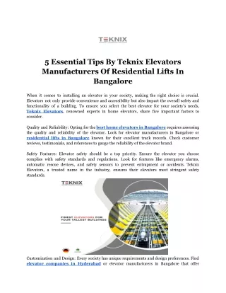 5 Essential Tips By Teknix Elevators Manufacturers Of Residential Lifts In Bangalore