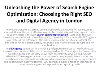 Unleashing the Power of Search Engine Optimization Choosing the Right SEO and Digital Agency in London
