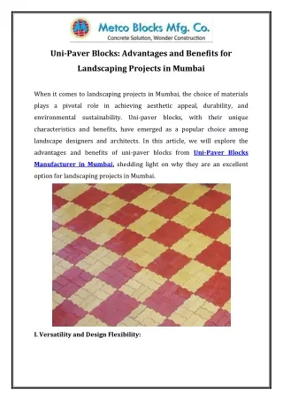 Uni-Paver Blocks Advantages and Benefits for Landscaping Projects in Mumbai