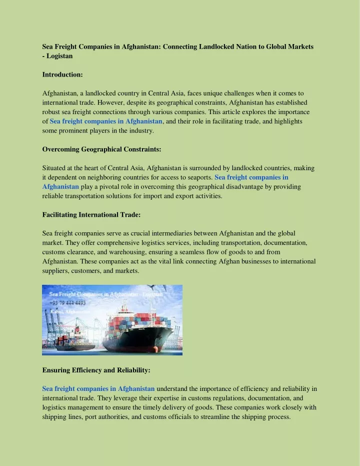 sea freight companies in afghanistan connecting
