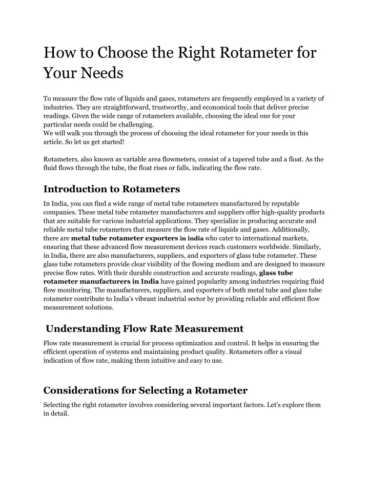 how to choose the right rotameter for your needs
