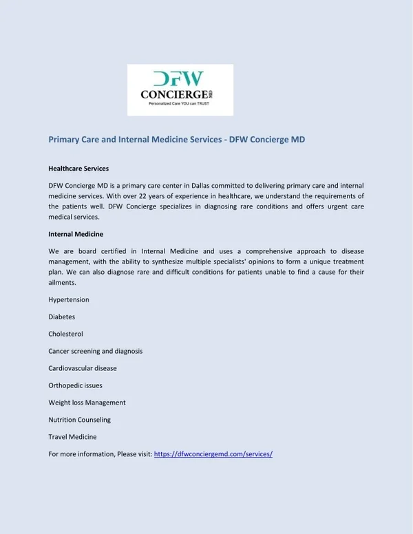 Primary Care and Internal Medicine Services - DFW Concierge MD
