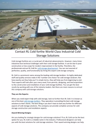 Contact RL Cold forthe World-Class Industrial Cold Storage Solutions