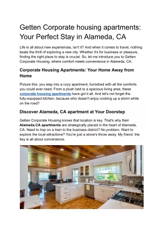 Getten Corporate housing apartments: Your Perfect Stay in Alameda, CA