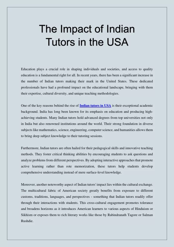 the impact of indian tutors in the usa