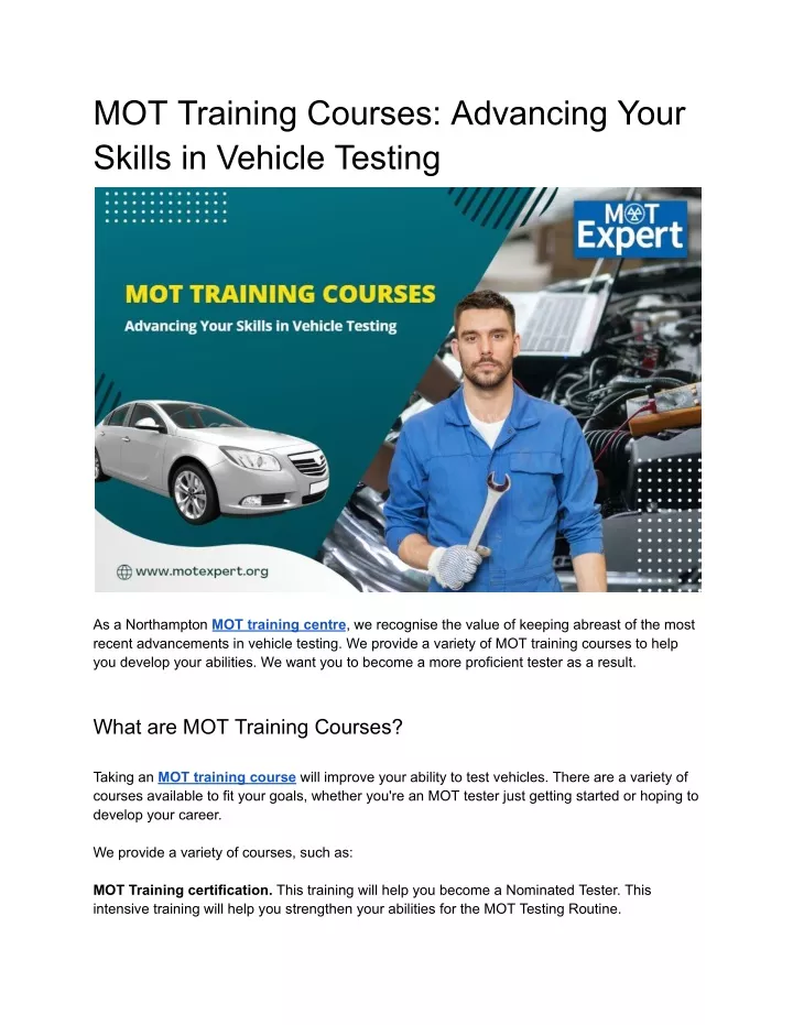 mot training courses advancing your skills