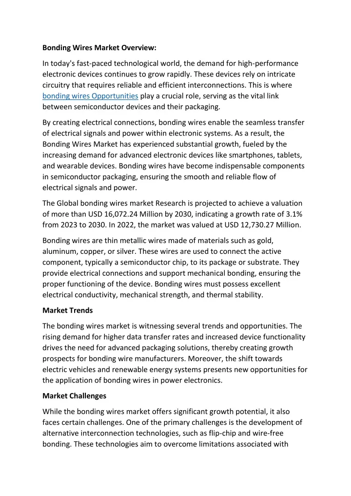 bonding wires market overview