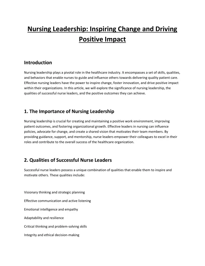 nursing leadership inspiring change and driving