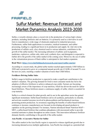 Sulfur Market Revenue Forecast and Market Dynamics Analysis 2023-2030