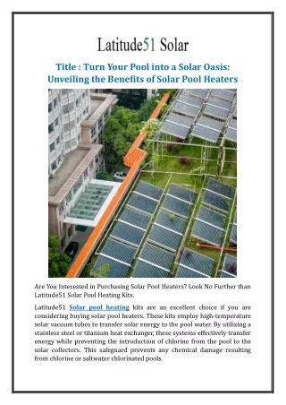 Turn Your Pool into a Solar Oasis: Unveiling the Benefits of Solar Pool Heaters